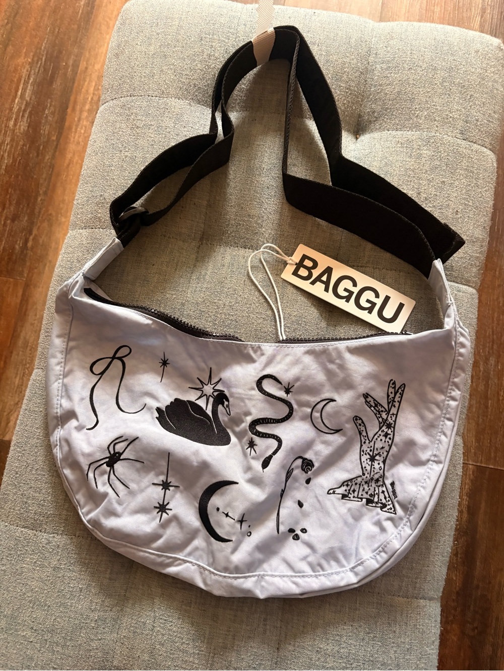 BAGGU Lavender Crescent Crossbody Bag with Black Celestial Print